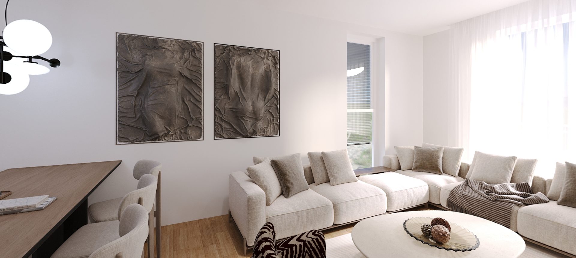 Dhoma e ditës me kuzhinë, render 360° i arkitektit — BEG Residence, Prizren
